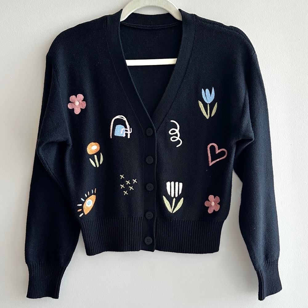 Princess Highway Cropped Embroidered Floral Doodle Icon Cardigan, Black, Small